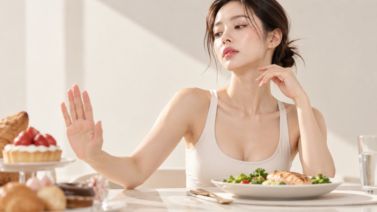 A woman declining dessert and choosing a salad