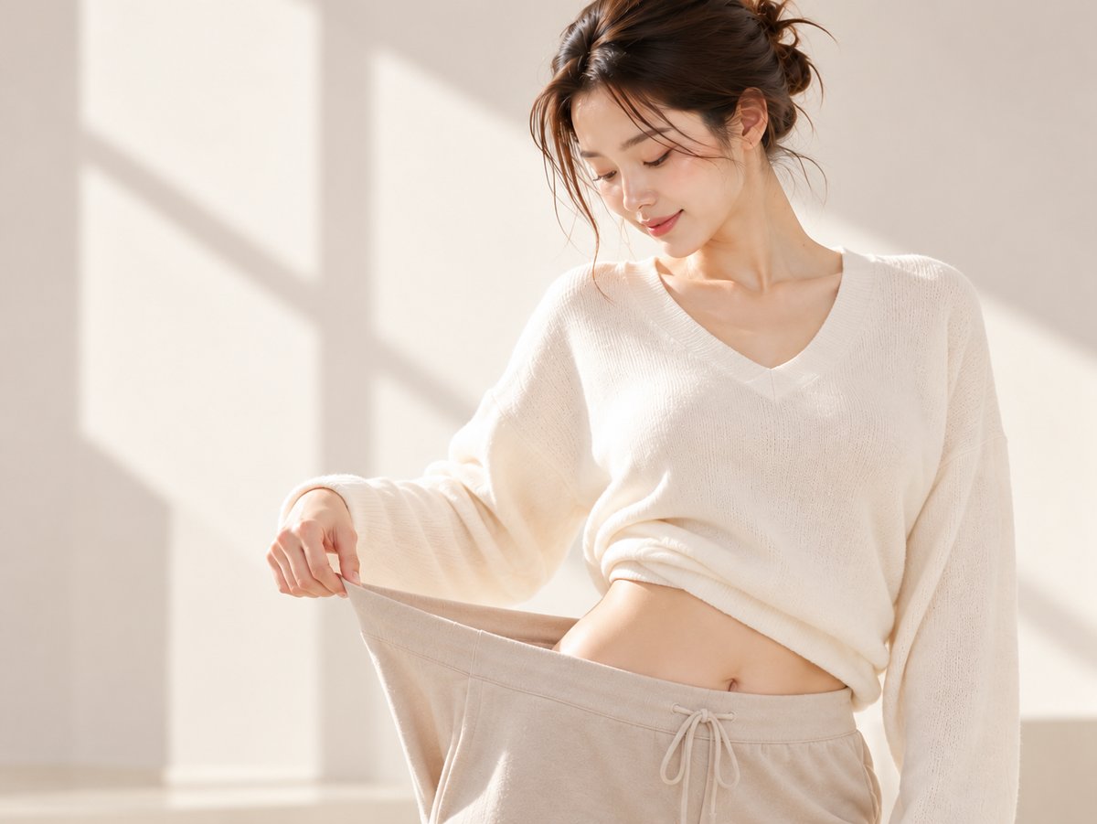 A woman pulling out the now-loose waistband of her trousers