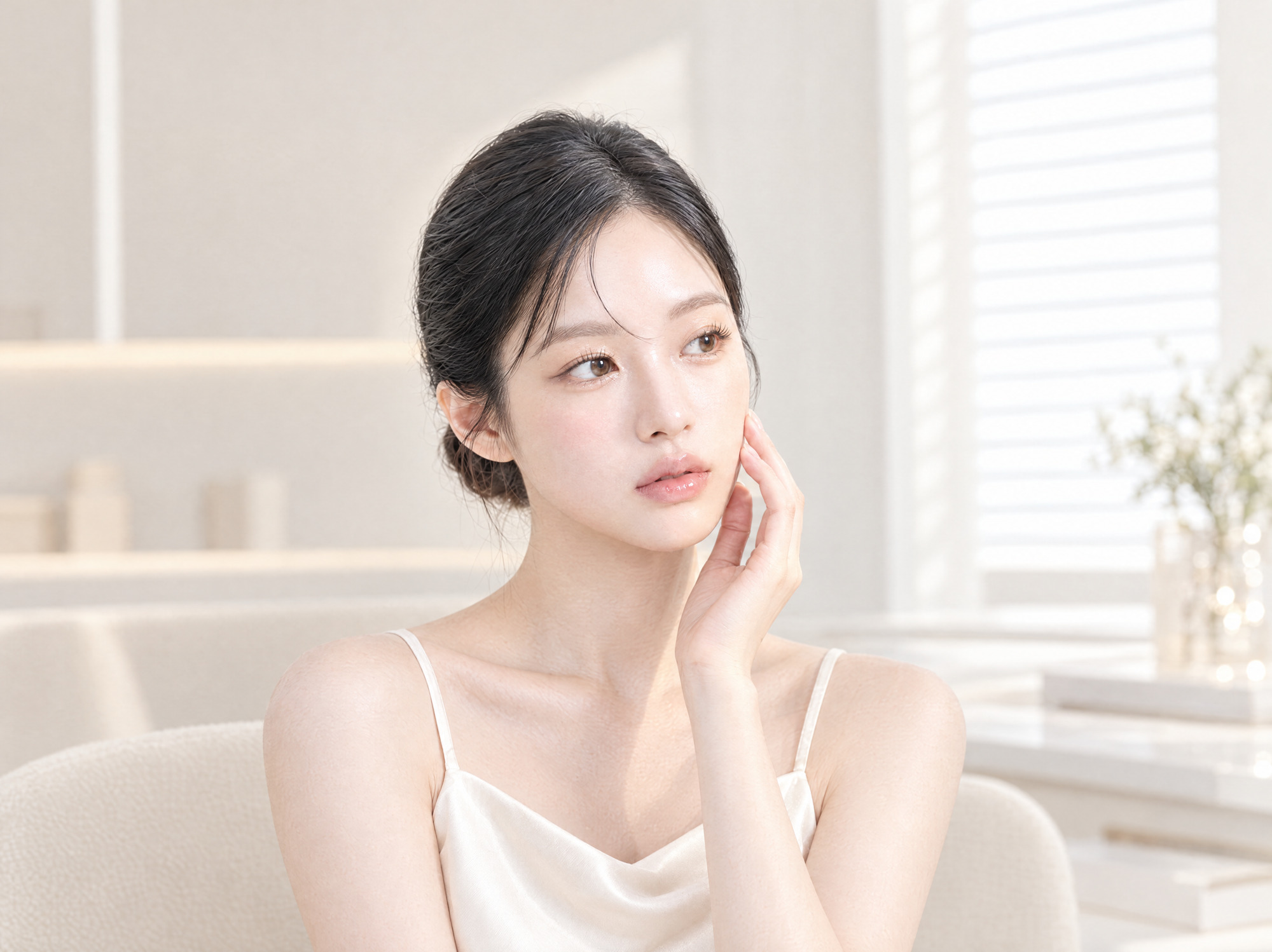 指先であごのラインに触れながら気になる部位を確かめる女性
