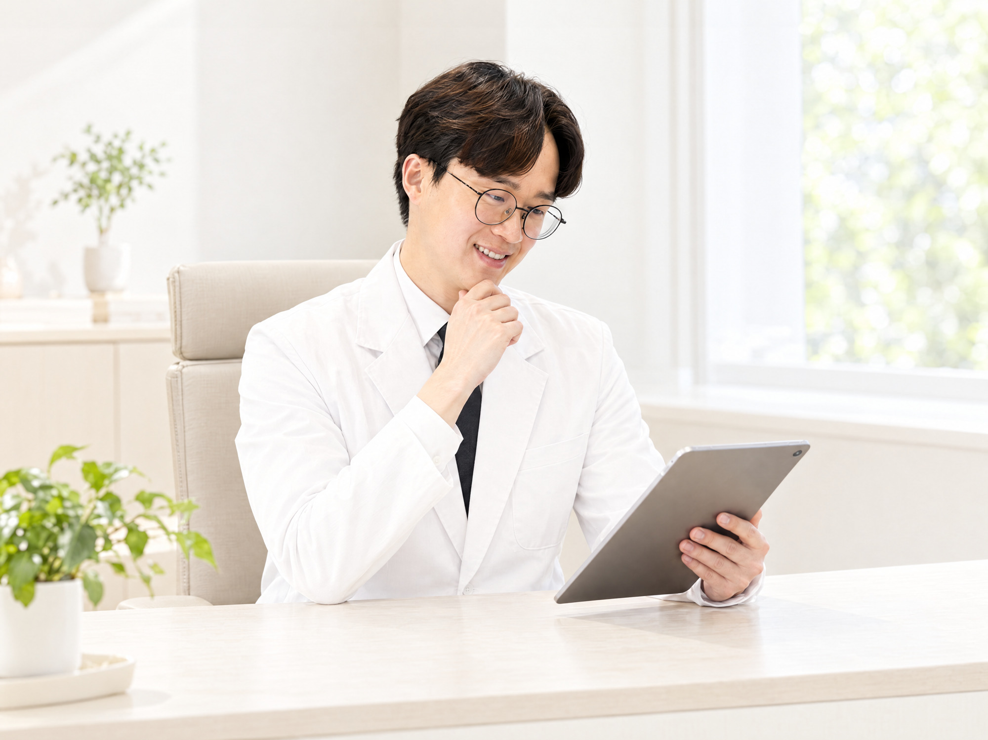 院長がタブレットを見ながら施術計画を立てる様子