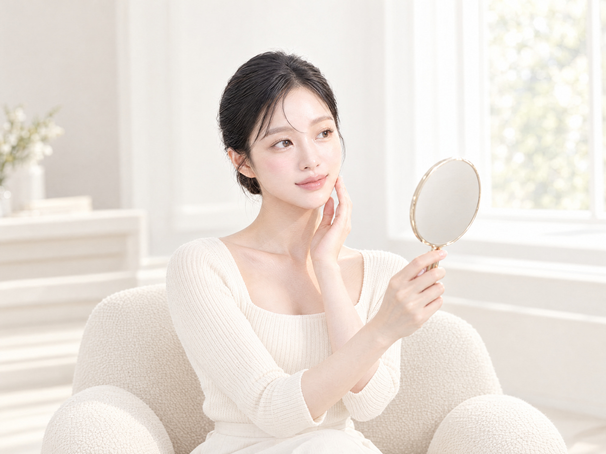 手鏡であごのラインを確認しながら微笑む女性