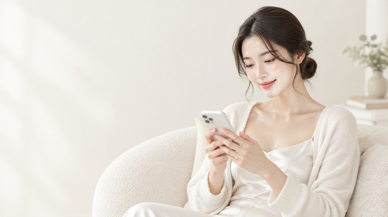 坐在沙發上微笑著用手機寫評價的女性