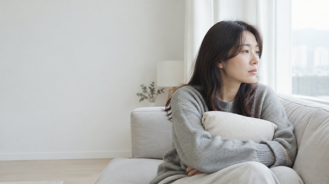 抱著靠墊望向窗外的女性