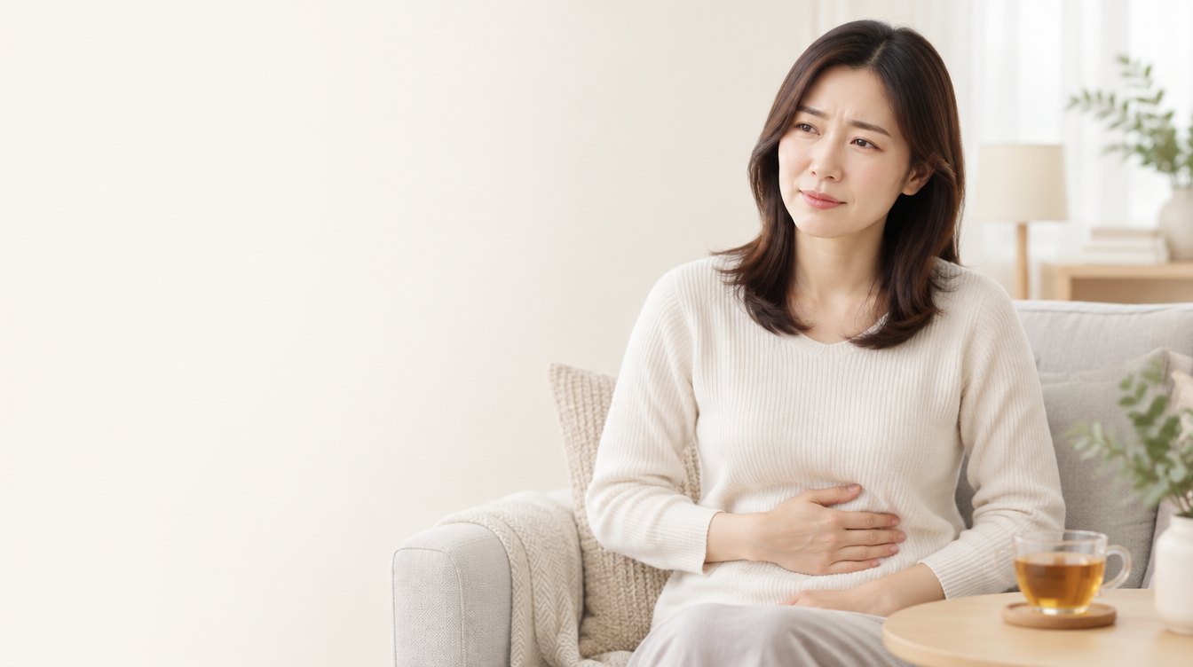 坐在沙發上手放在腹部的女性