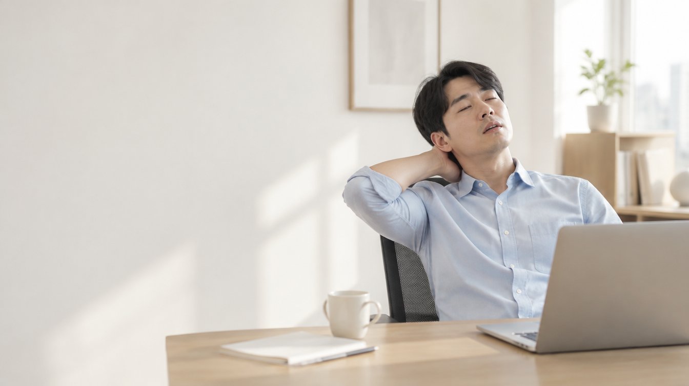 靠在書桌前揉後頸的男性