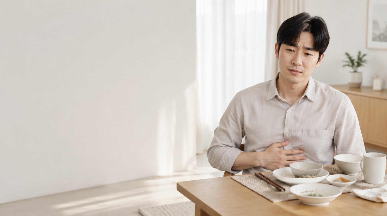 用餐時手按上腹部的男性