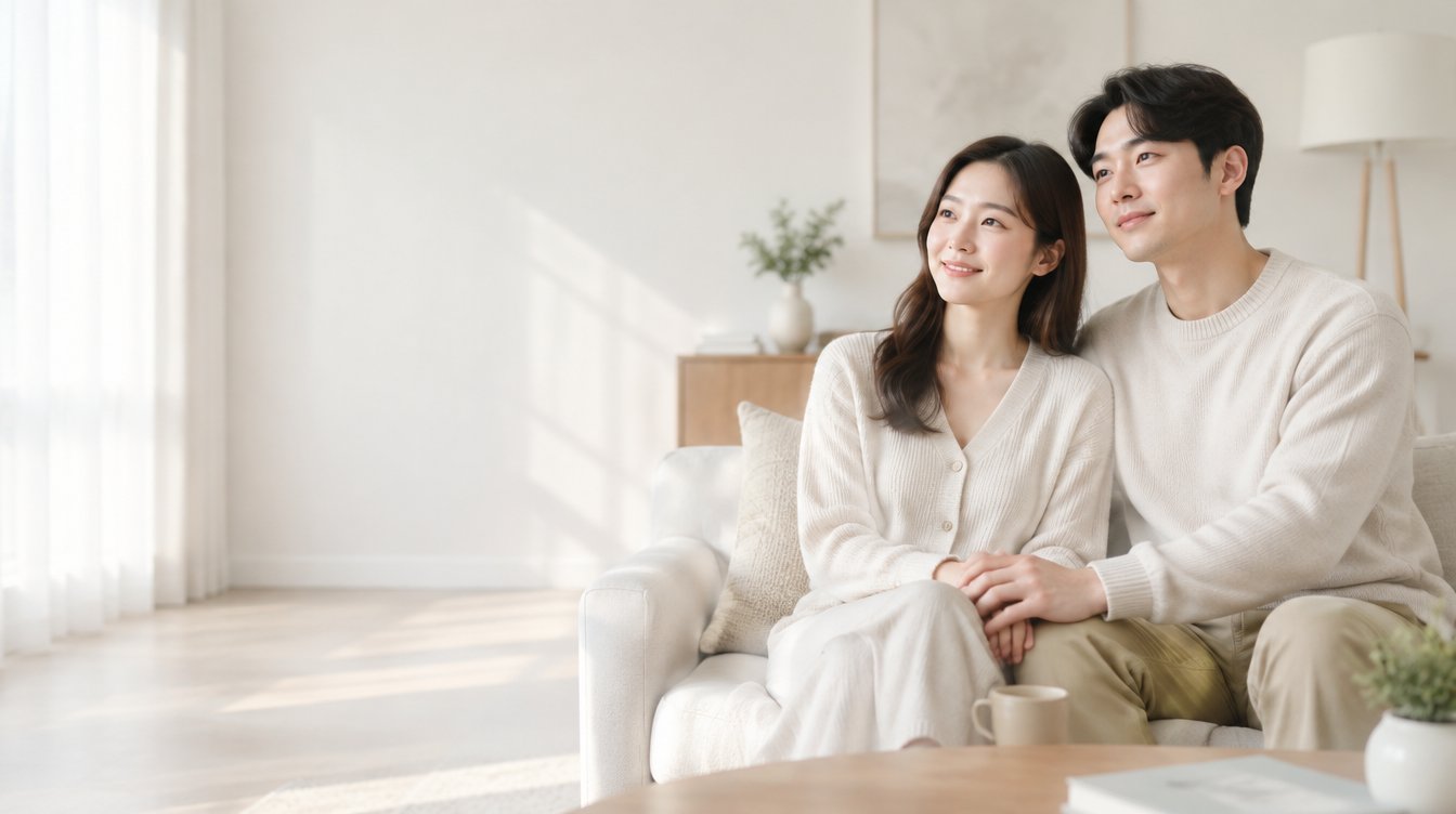 並肩坐在沙發上牽手的夫妻
