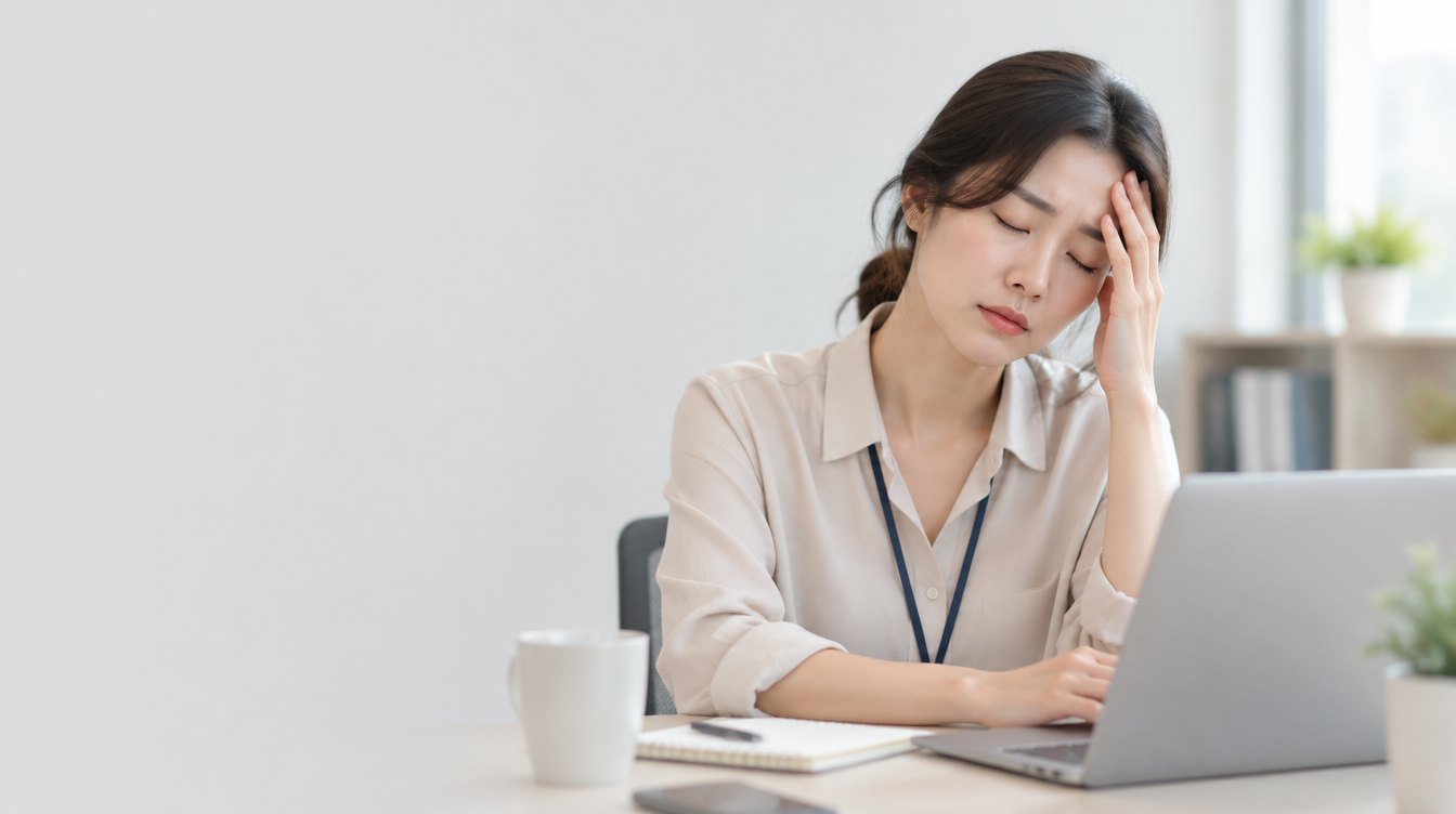 在筆電前扶著額頭閉眼的女性