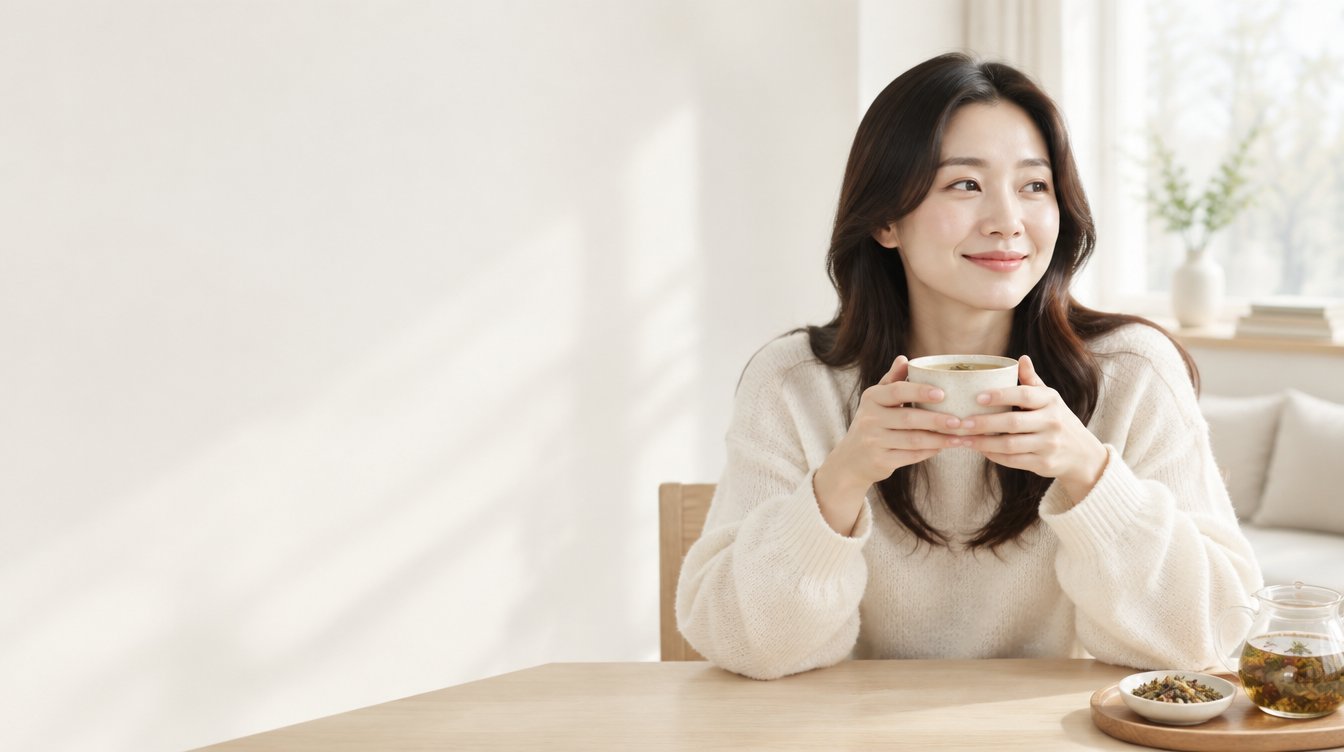 手捧熱茶微笑的女性