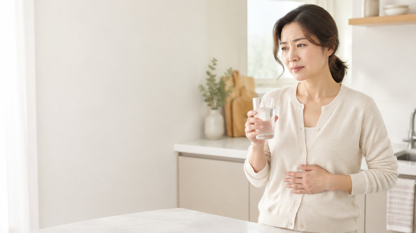 拿著水杯、手按上腹部的女性