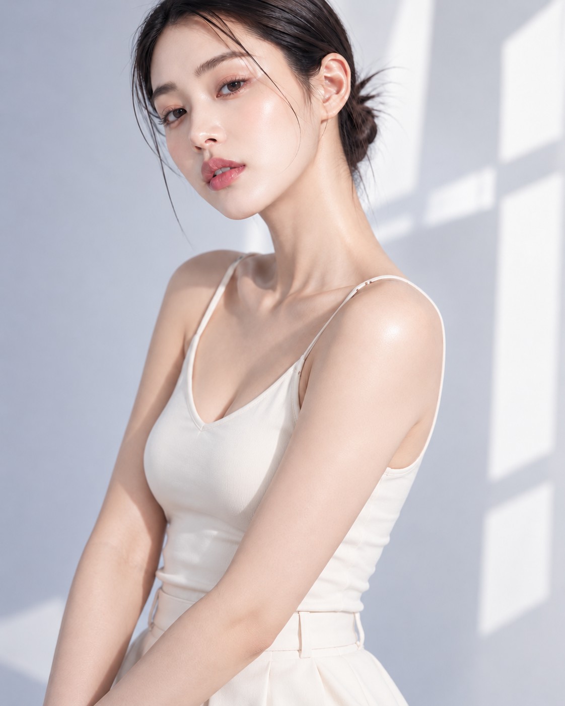 아크로한의원 페이스·바디라인 시술 안내 이미지, 목선과 어깨 라인이 드러난 모델