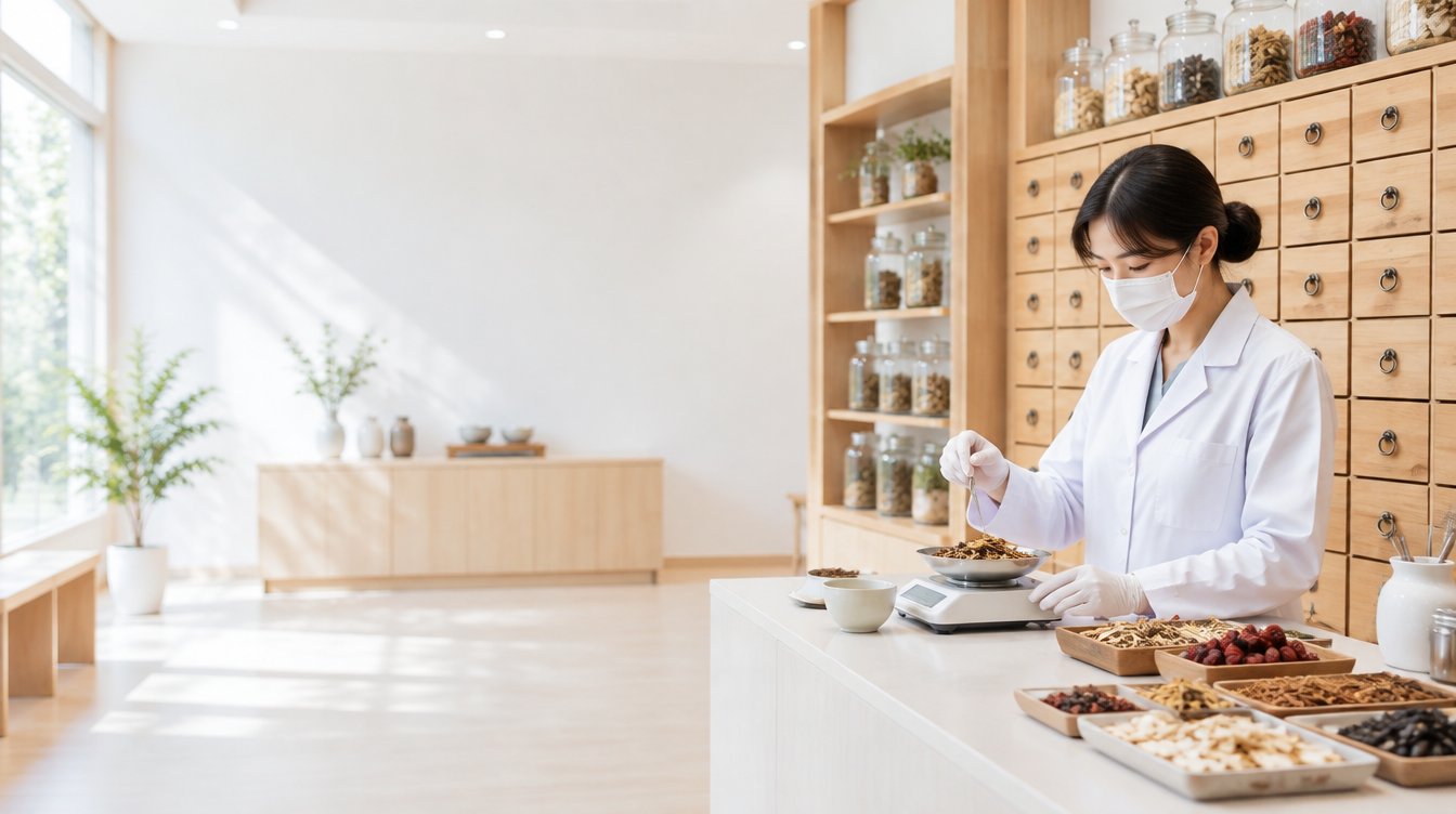 在煎藥室用秤稱量藥材的藥師