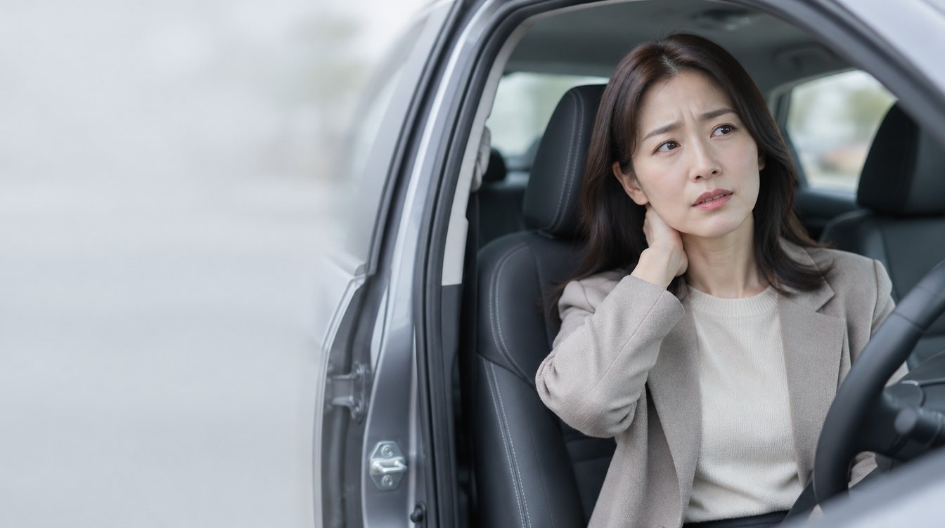 在停下的車駕駛座上扶著後頸的女性