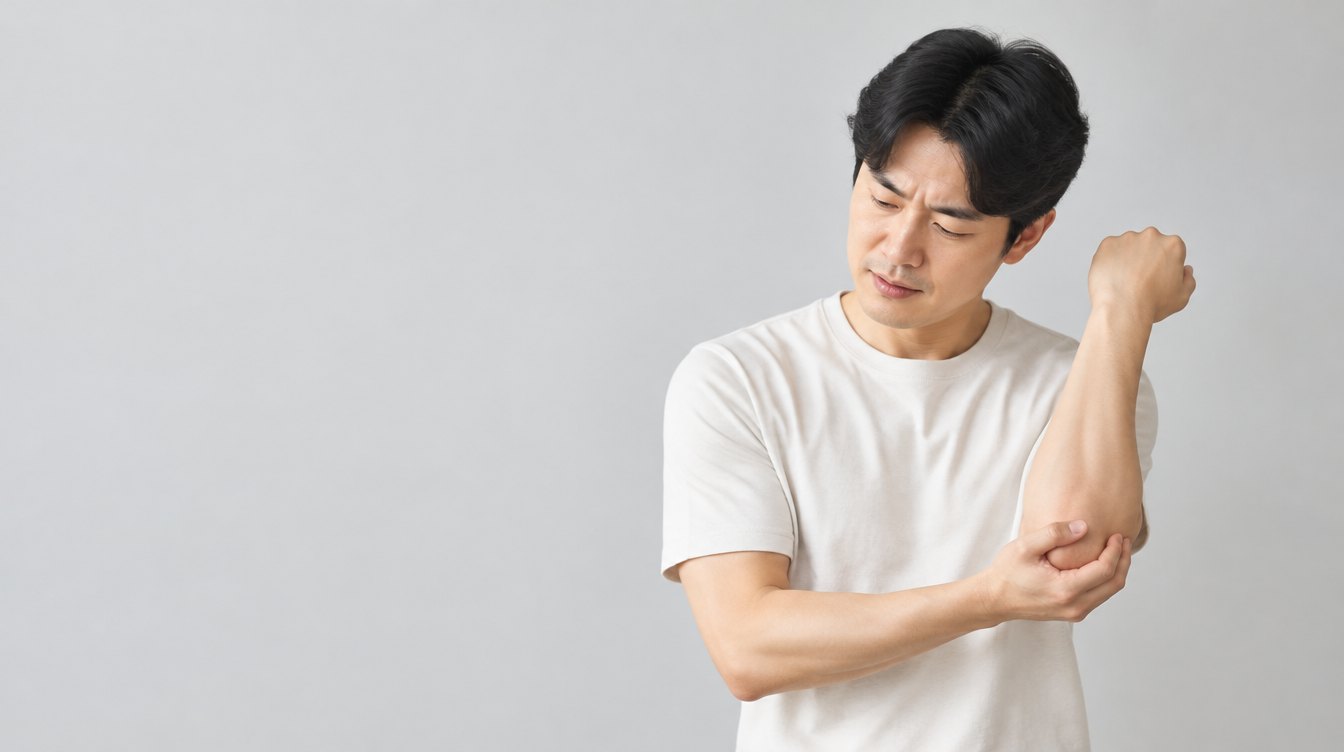 用手按住手肘外側的男性