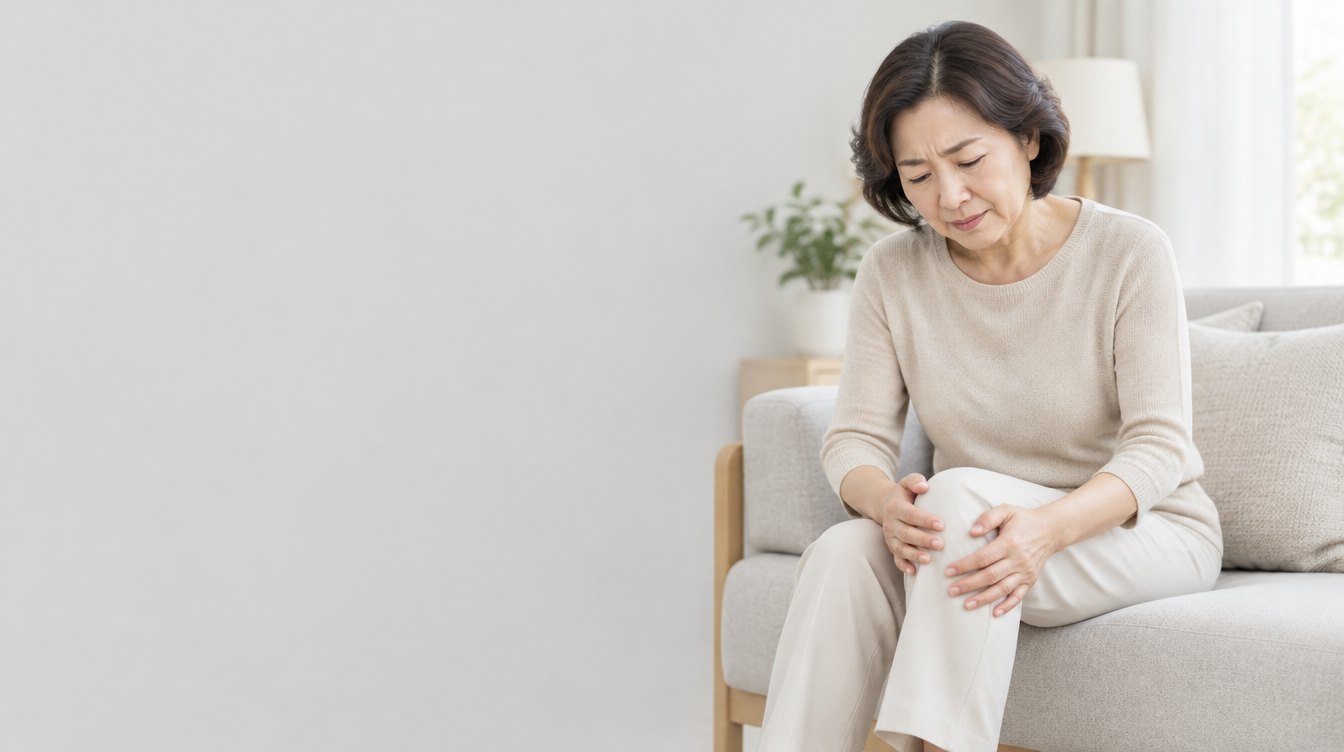 坐在沙發上用雙手抱住膝蓋的中年女性