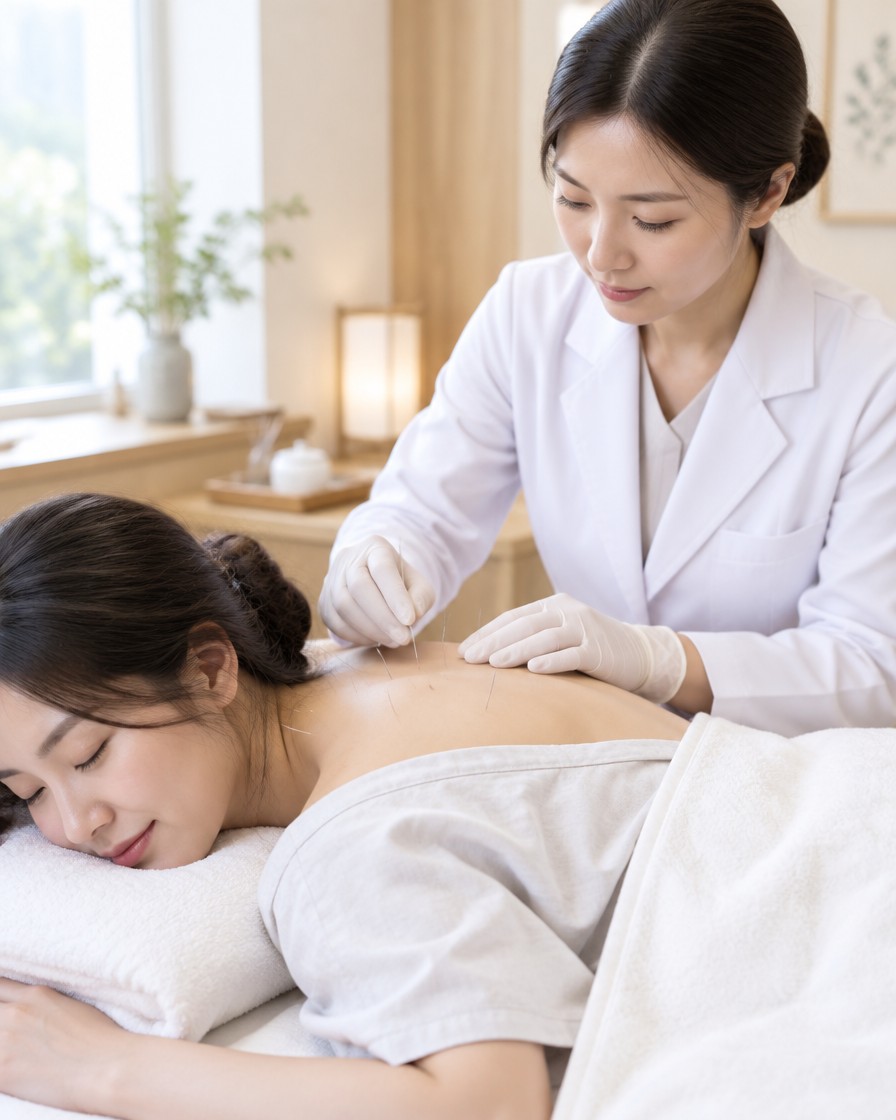 醫師為患者背部與肩部進行針灸治療