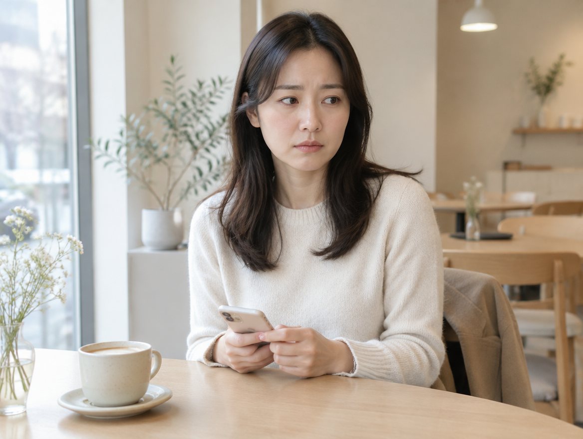 在咖啡廳拿著手機顯得不安的女性