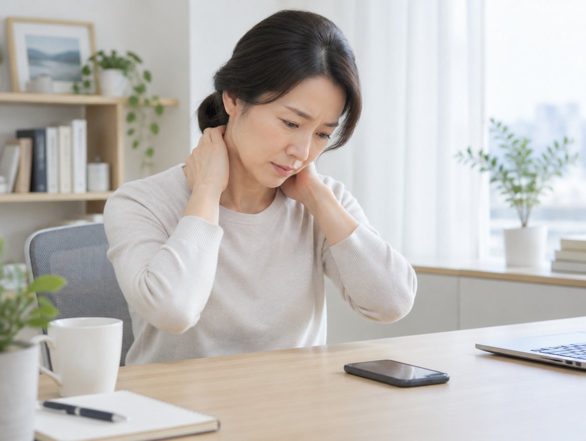 用指尖按壓後腦下方的女性