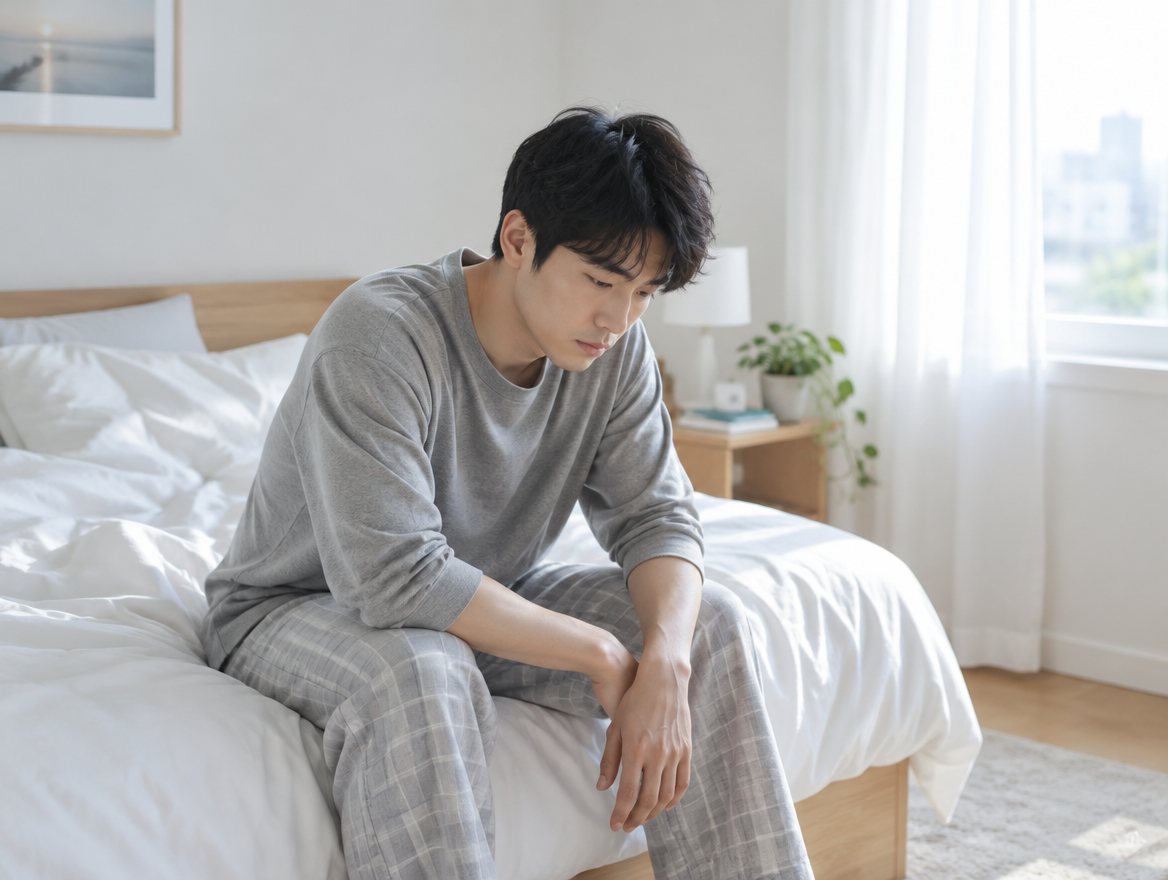 早上坐在床邊低著頭的男性