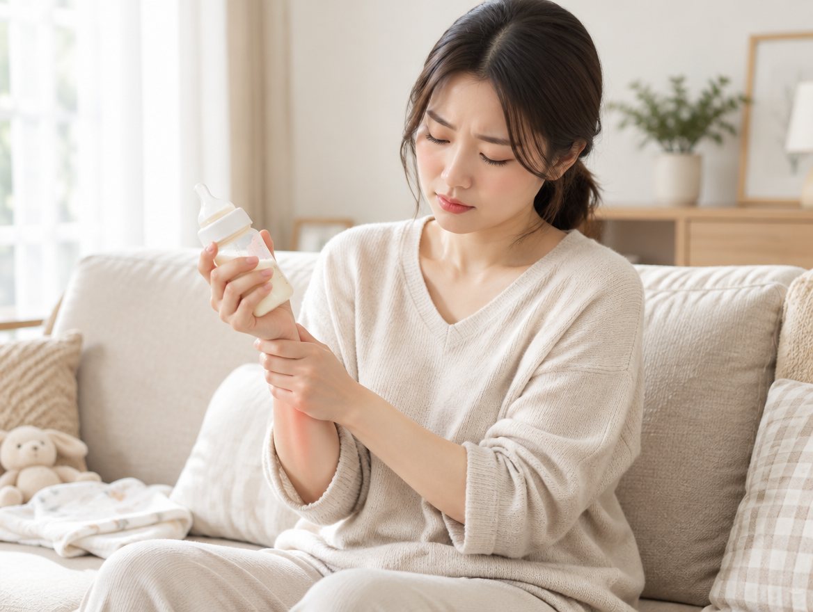 拿著奶瓶按壓手腕拇指側的媽媽