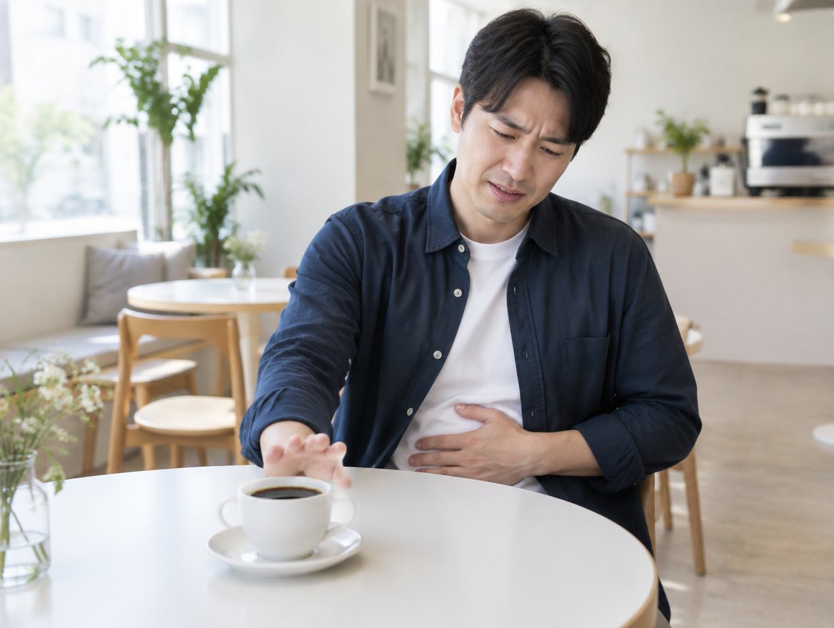 推開咖啡、手按上腹部的男性