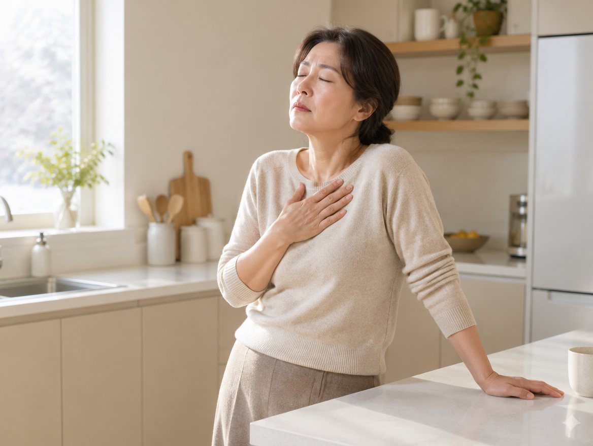 手放胸口嘆氣的女性