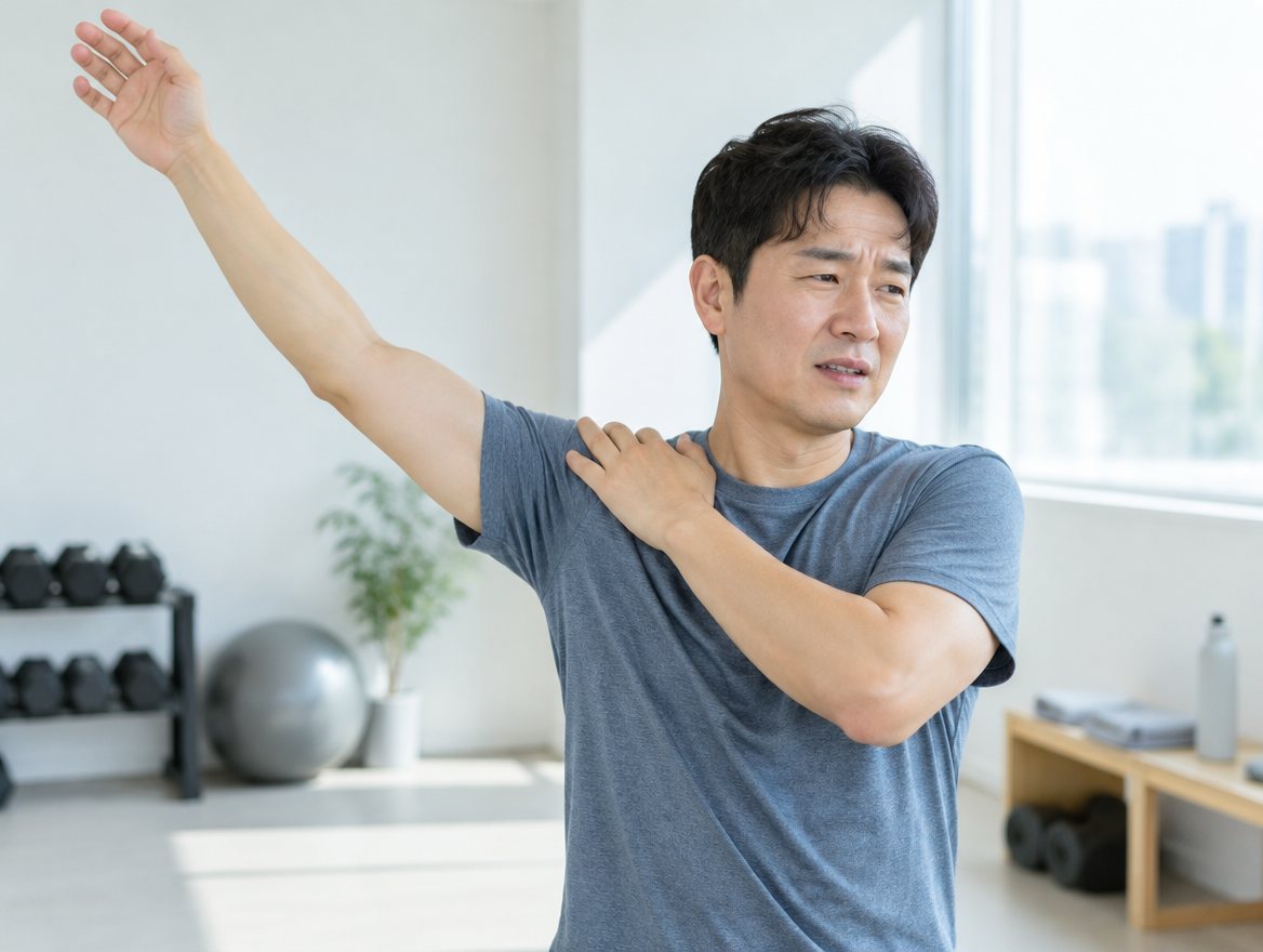 抬手時扶住肩膀前側的男性