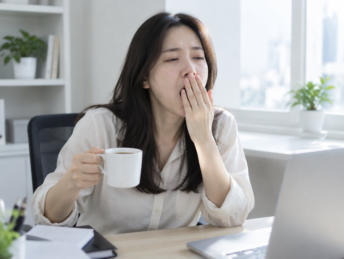 拿著咖啡打哈欠的女性