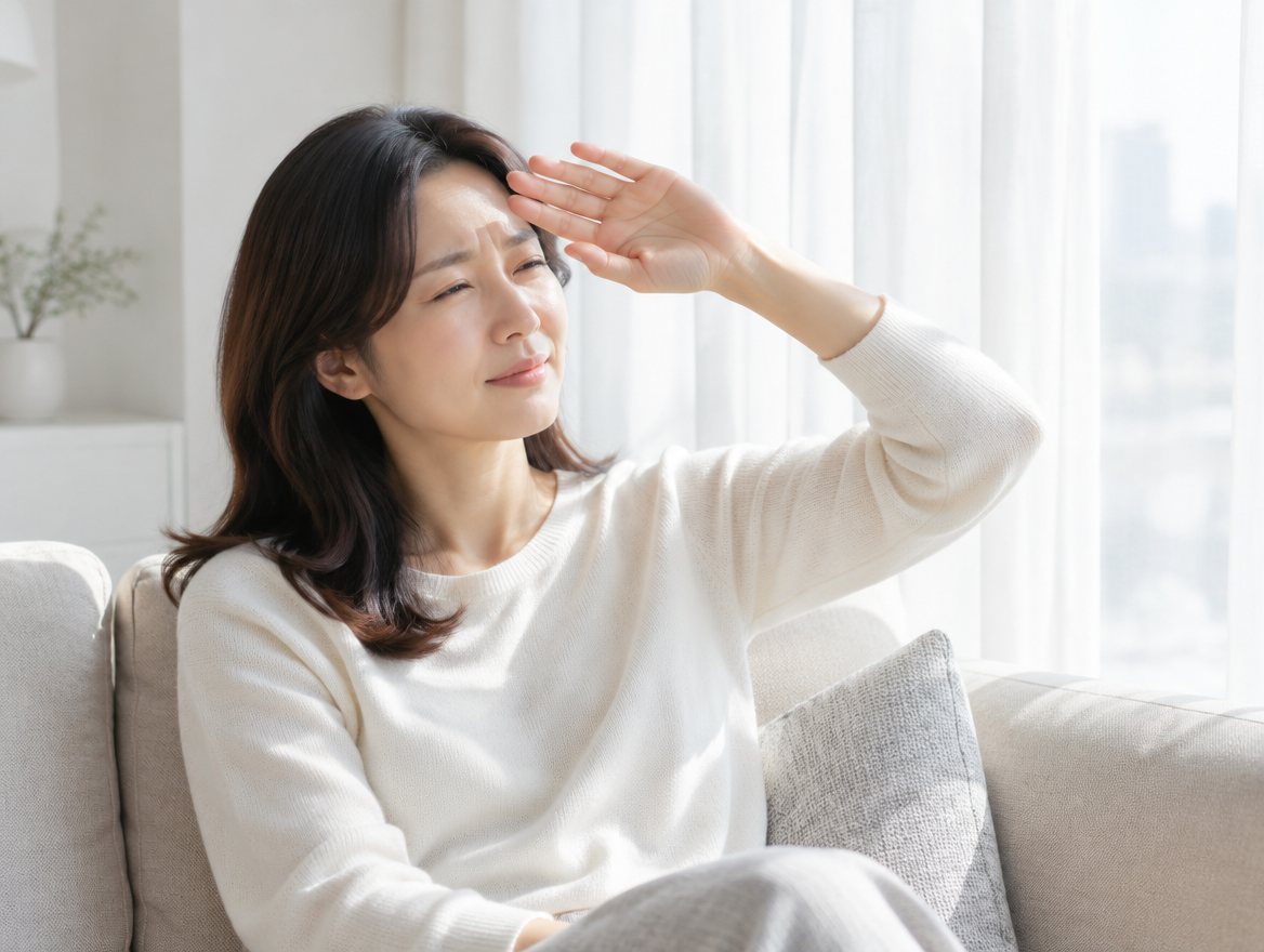 用手遮擋窗外強光的女性