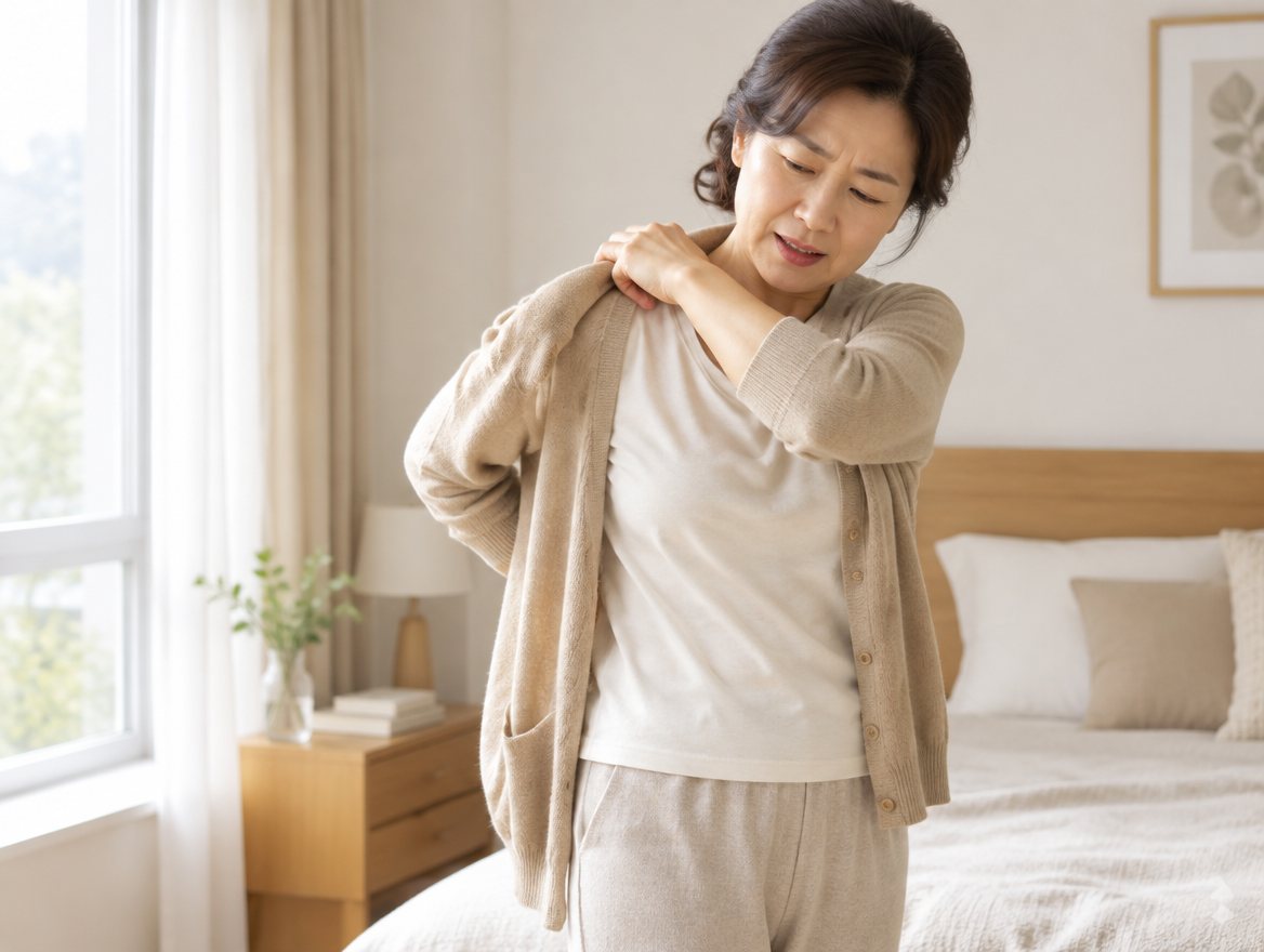 難以把手臂伸進袖子的女性