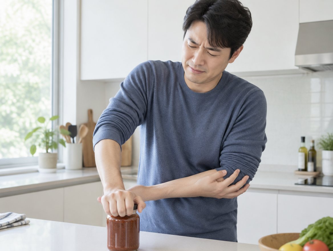 扭瓶蓋時扶住手肘外側的男性
