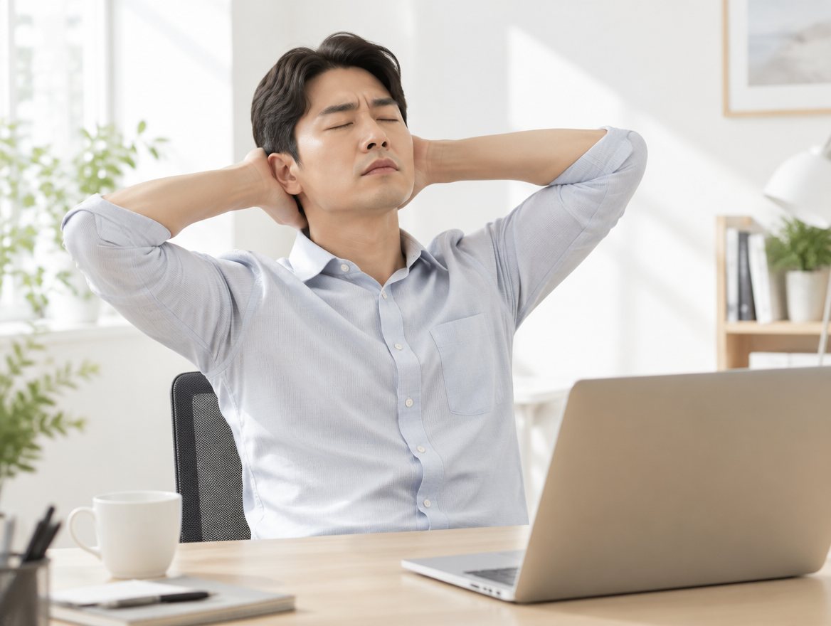 在筆電前抱住後腦的男性