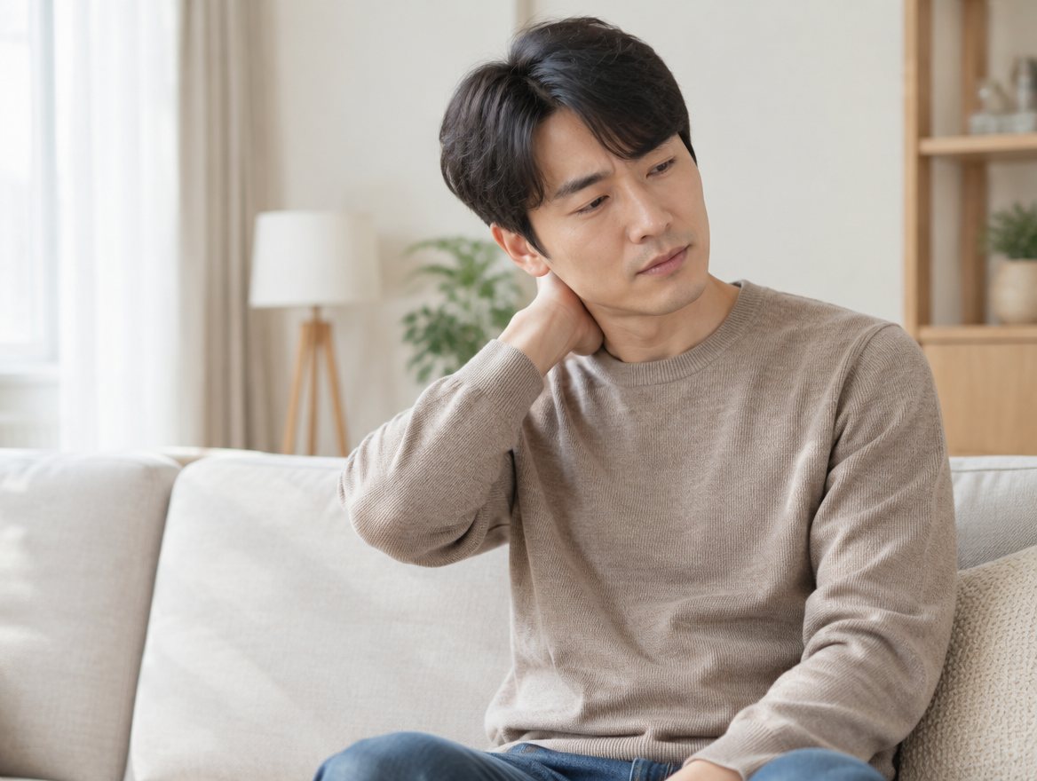 扶著後頸側頭的男性