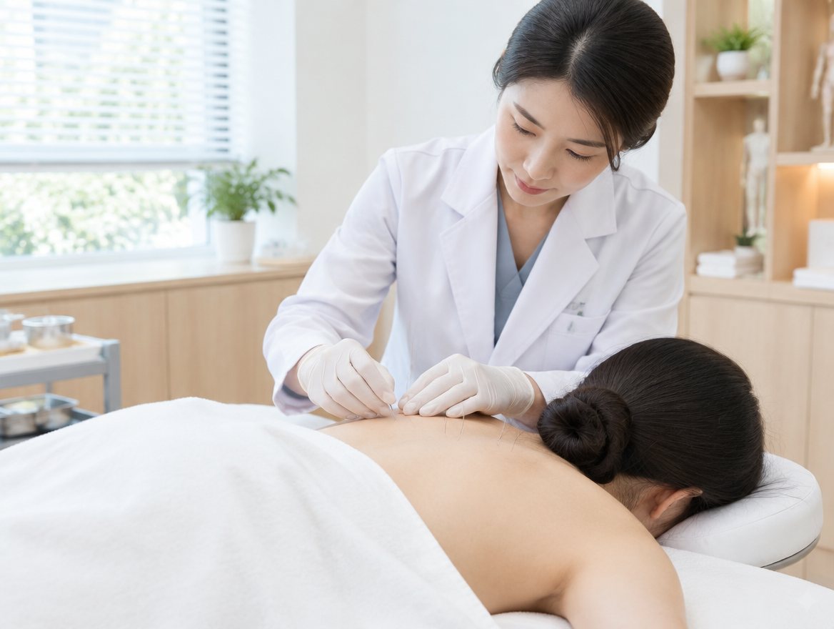 為趴在治療床上的患者肩部施針的韓醫師