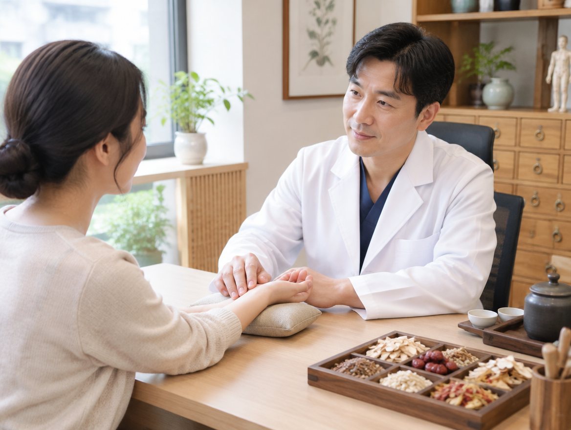 在診間為患者把脈的韓醫師